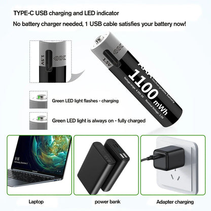 MATOV USB Rechargeable Li-ion AA 3400mWh & AAA 1100mWh 1.5V Batteries Pack