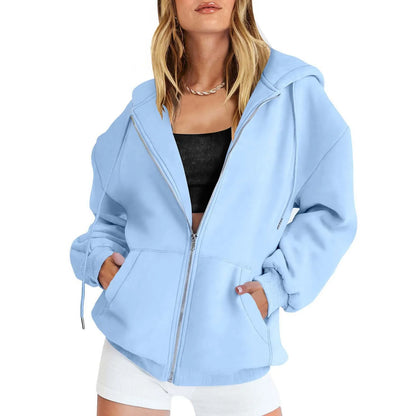 Women’s Gray Zip-Up Hoodie Sweatshirt – Autumn Winter Long Sleeve Jacket with Pockets