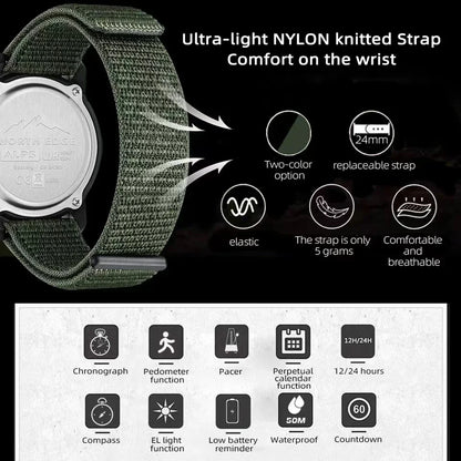 NORTH EDGE ALPS 45MM Men's Outdoor Sports Watch Waterproof Compass Metronome Carbon Fiber Case Nylon Strap