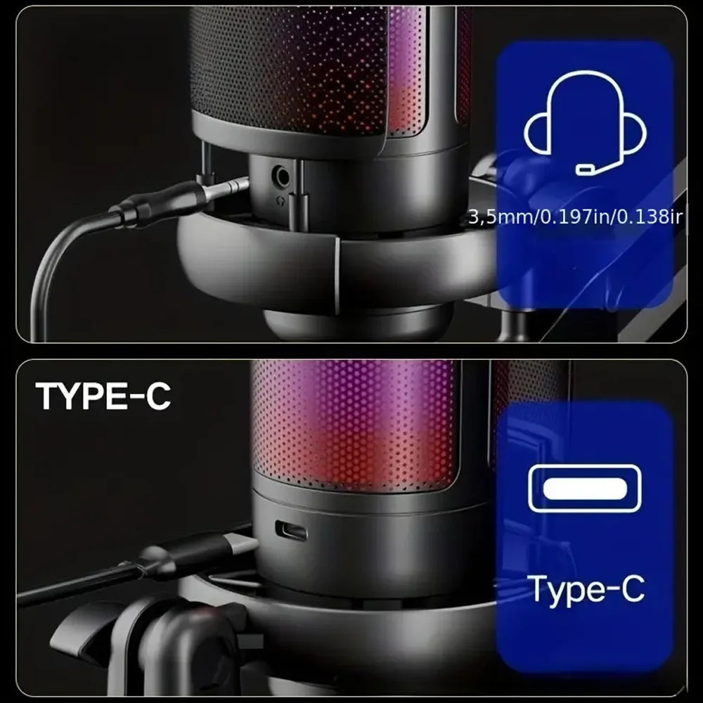 USB RGB Condenser Microphone with Metal Boom Stand – Gaming & Studio Recording Desktop Mic for Esports and Calls