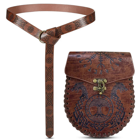 Medieval Viking Leather Belt – Unisex Embossed Renaissance Fanny Pack & Halloween Costume Accessory (1–2 Pcs)
