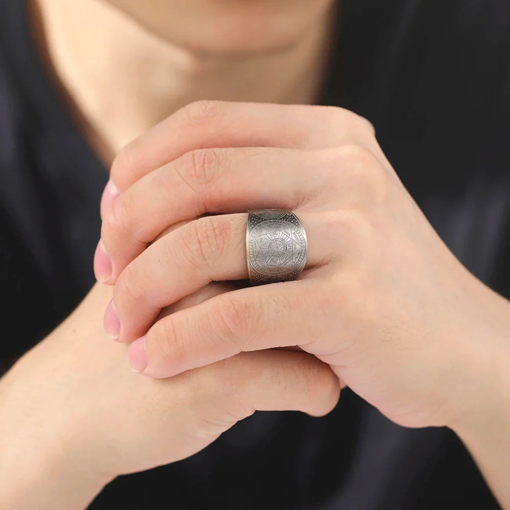 Dawapara 7 Archangels Protection Ring – Metatron Cube, Lilith Symbol, King Solomon Secrets Vintage Amulet Jewelry