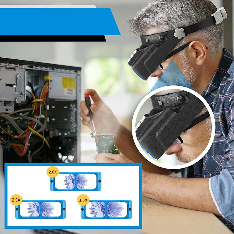 Head-Mounted Magnifying Glasses with USB Charging — 4 LED Lights for HD Reading & Battery Display