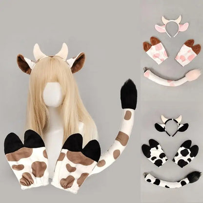 Cow Costume Set - Cow Ears Headband, Gloves and Tail for Halloween Cosplay