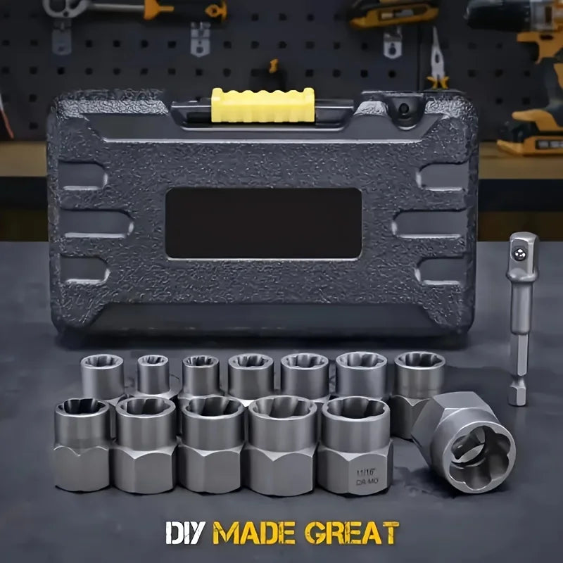 14pcs Damaged Impact Socket Set — Nut & Bolt Extractor/Remover, Chrome Molybdenum Steel with Storage Box