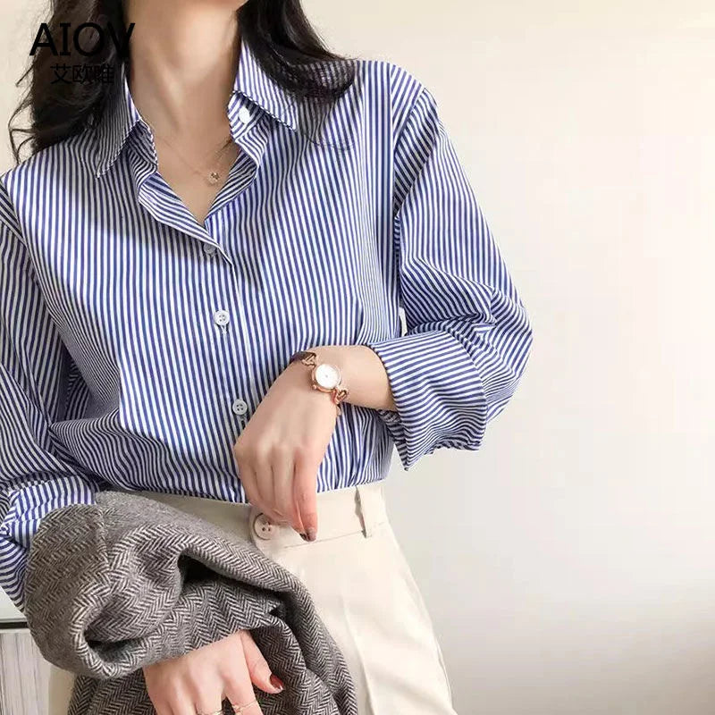 Classic Striped Women’s Blouse — Spring & Autumn Long Lantern Sleeve Shirt with Stand Collar