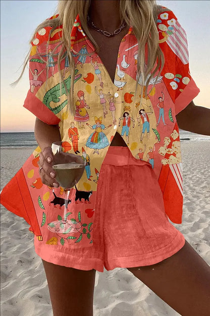 Women’s Summer 2-Piece Set – Lapel Short-Sleeve Shirt & Shorts, Elegant Loose Printed Outfit