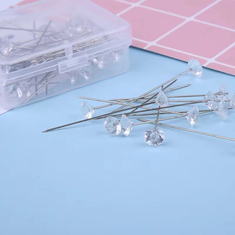 Fenrry 100PCS Diamond Head Pins – Crystal Corsage Sewing Pins, Straight Pins for Dressmaking & Party Decorations with Plastic Box