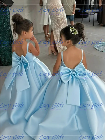Lovely Satin Flower Girl Dress - Fluffy Bow Wedding & Birthday Party Gown for Kids