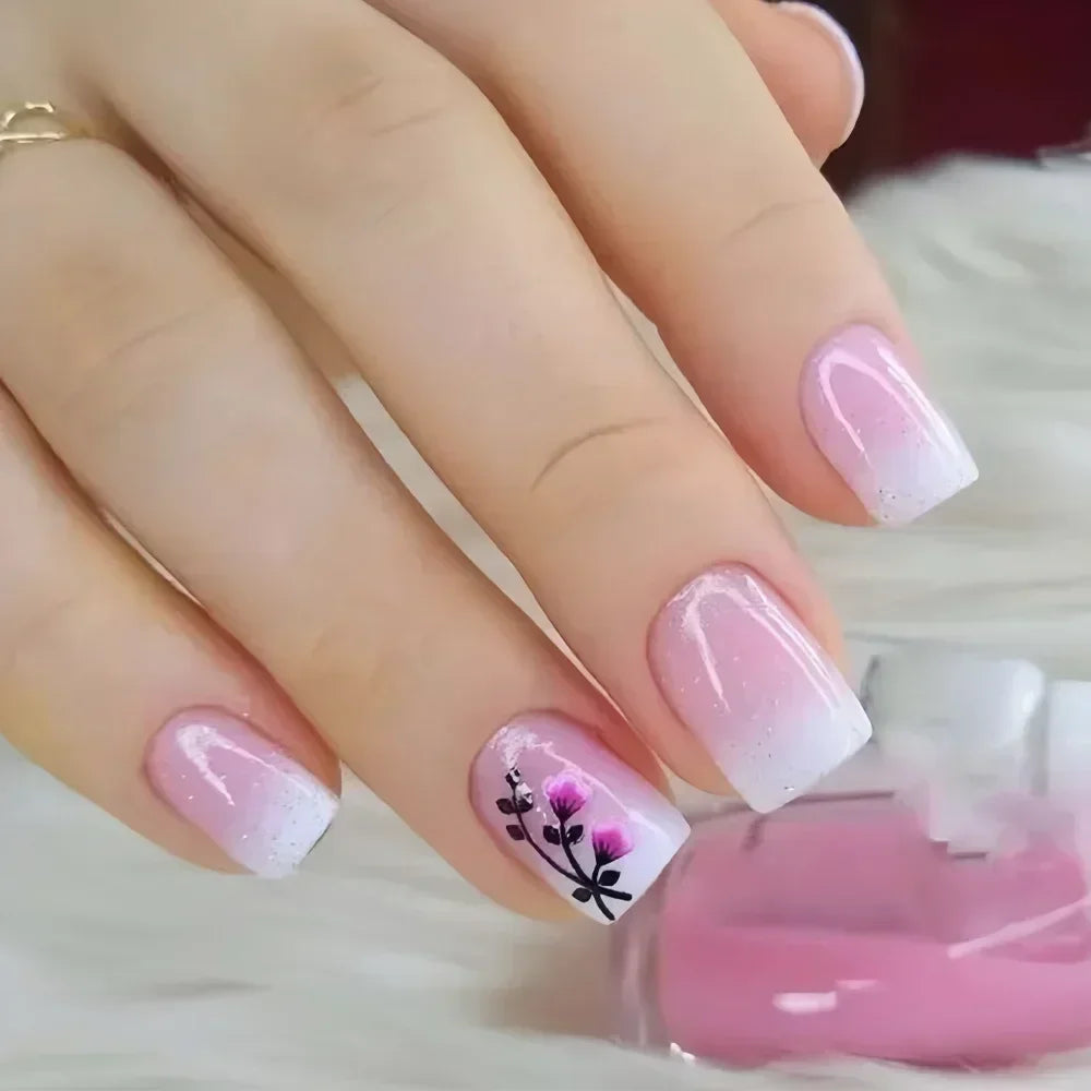 24PCS Short Square Coffin False Nails – French Glitter Acrylic Press-On Nail Tips with Glue, Wearable Fake Nails Set