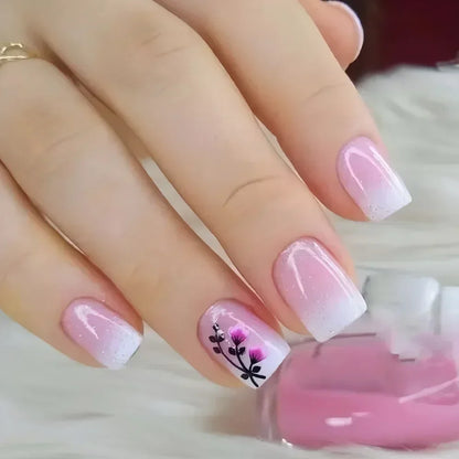 24PCS Short Square Coffin False Nails – French Glitter Acrylic Press-On Nail Tips with Glue, Wearable Fake Nails Set