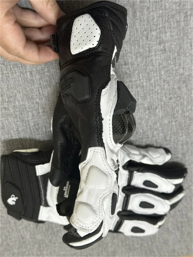 Motorcycle Gloves – Black Racing Genuine Leather, White Road Riding Team Gloves for Men, Summer & Winter with Touch Screen Compatibility