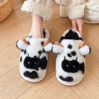 Women’s Fluffy Cartoon Cow Slippers – Cute Casual Flat Plush Winter Platform Shoes for Home