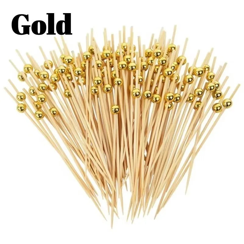 100PCS Gold, Silver & White Pearl Bamboo Skewers – Fruit, Dessert, Cocktail, Party, and Buffet Toothpicks