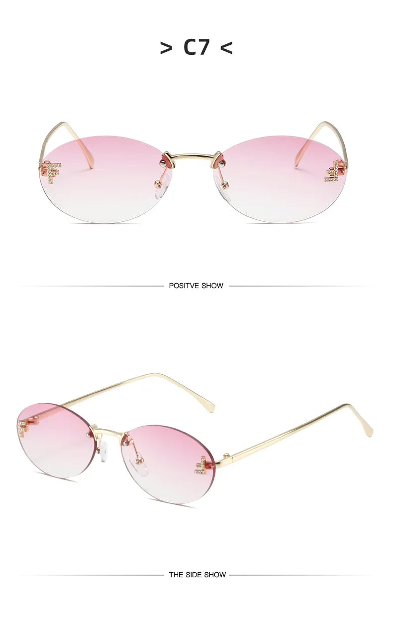 Diamond Letter "F" Rimless Sunglasses | Women’s Luxury Metal Frame Black Oval UV400 Shades