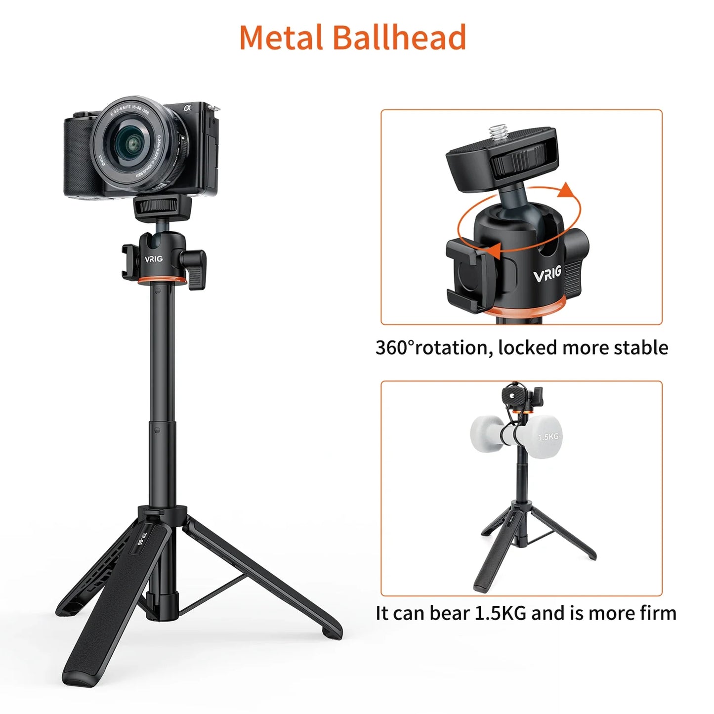 VRIG TP-08 TP-06 Tripod Stand Selfie Stick – Aluminum Alloy with 1/4 Inch Screw, Cold Shoe Mount & 360° Rotation, 1.5kg Load Capacity