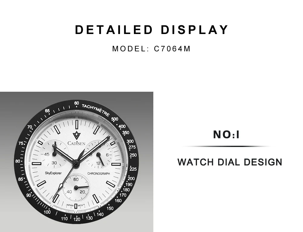 CADISEN Men's Luxury Watch – Quartz VK68 Chronograph, Sapphire AR Crystal, Canvas Strap Speed Style Wristwatch