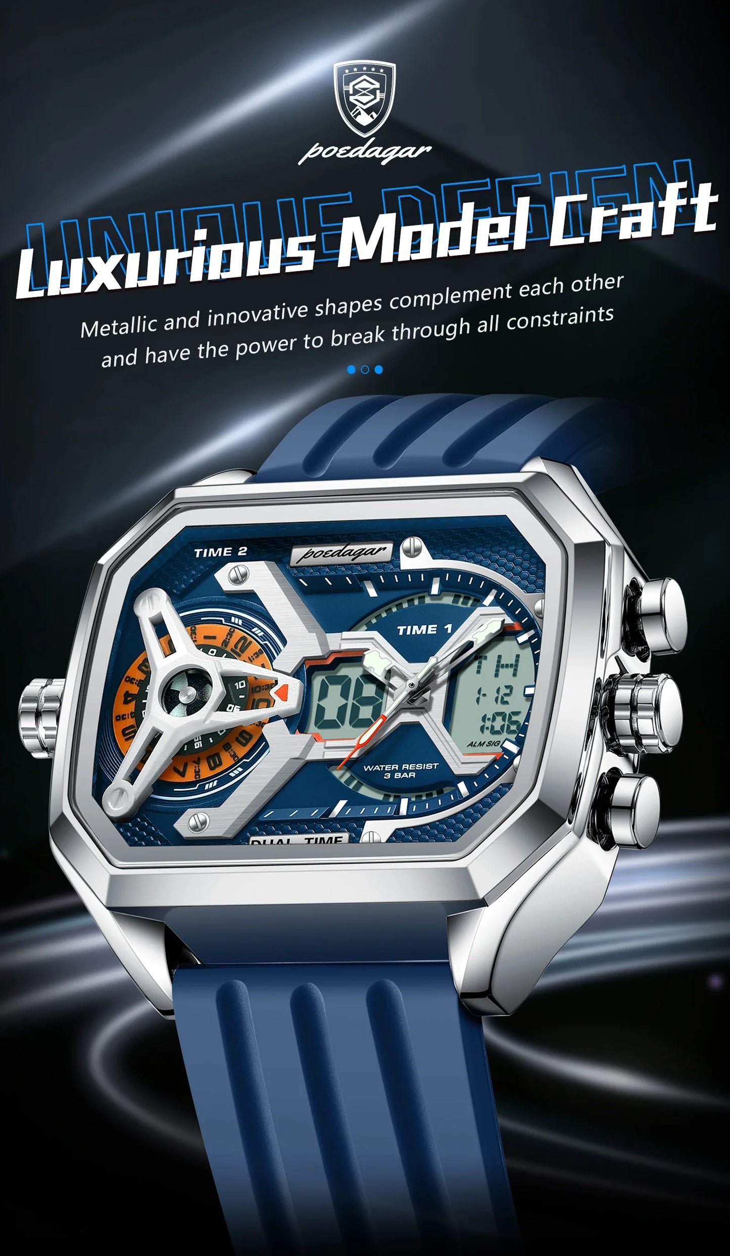 POEDAGAR Men's Luxury LED Wristwatch – Electronic Quartz Watch with Calendar, Week Display, Luminous Hands, and Silicone Strap