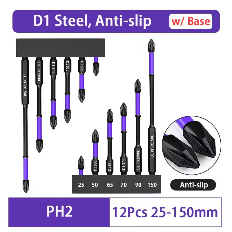 Magnetic Anti-Slip Impact Screwdriver Bit Set – Phillips Cross Long Hex Shank Bits for Power Drilling and Heavy Duty Use