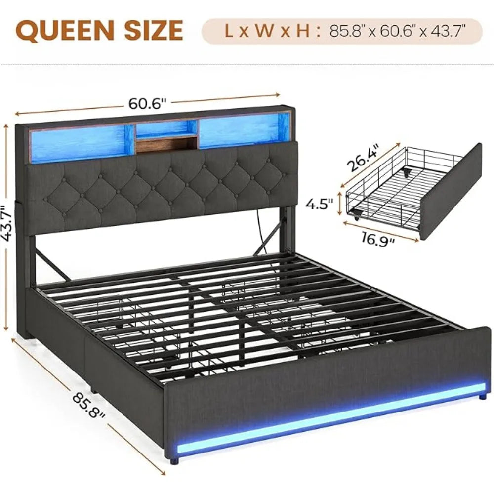 Queen Bed Frame with Headboard & 4 Drawers – LED Upholstered and Metal Bed with Charging Station, Twin & Queen Sizes