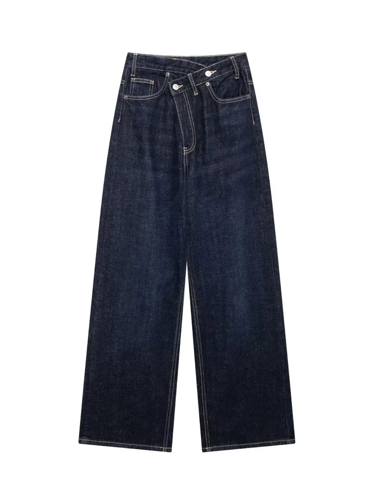 TRAF Women’s Basic Hundred Jeans — High Waist Asymmetric Wide-Leg Trousers, Casual Straight-Leg Fashion Jeans