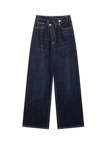 TRAF Women’s Basic Hundred Jeans — High Waist Asymmetric Wide-Leg Trousers, Casual Straight-Leg Fashion Jeans