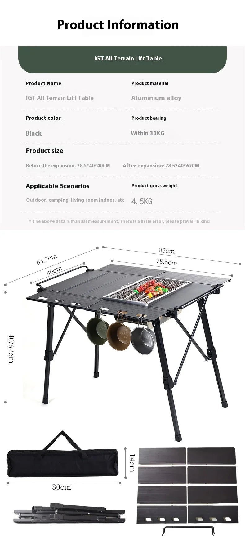 Lohascamping Folding IGT Table – Lightweight Portable Roll-Up Table with Adjustable Legs for Camping, BBQ & Outdoor Cooking