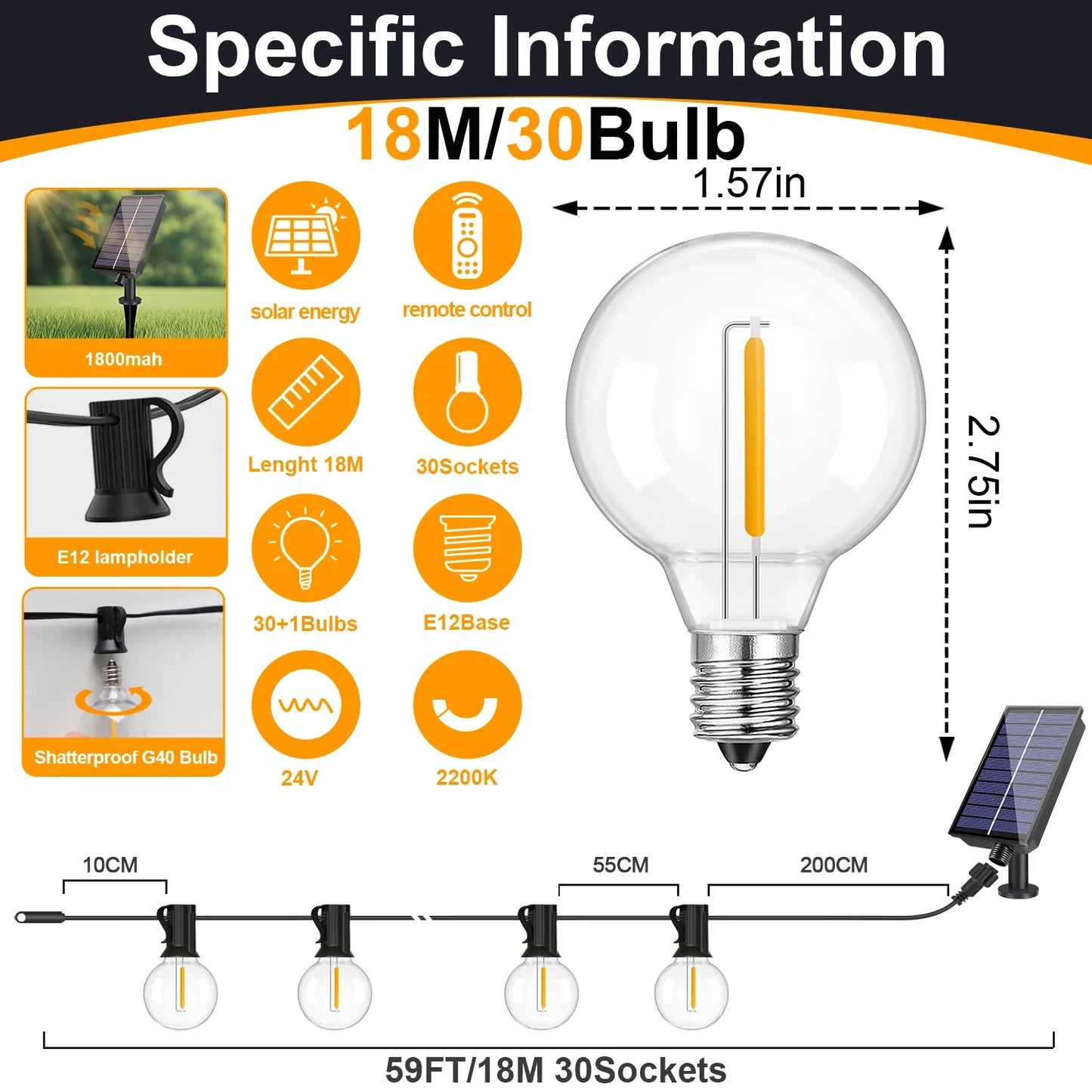 Solar LED G40 Globe String Lights – Waterproof Shatterproof Outdoor Hanging Lights for Backyard & Bistro Decoration
