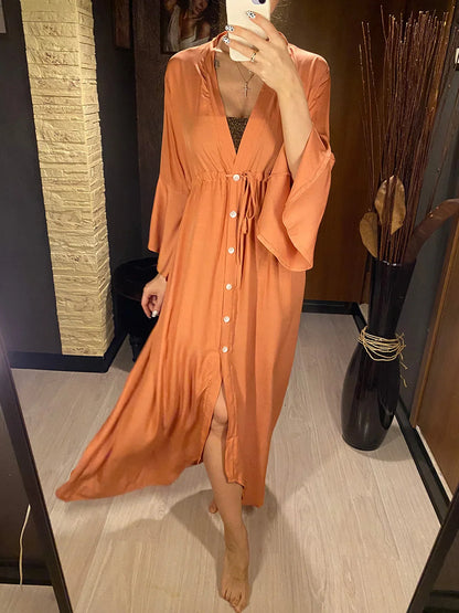 Sexy Women’s V-Neck Long Maxi Beach Cover-Up Dress – White Tunic Pareo Swimwear Robe Bikini Beachwear V2623