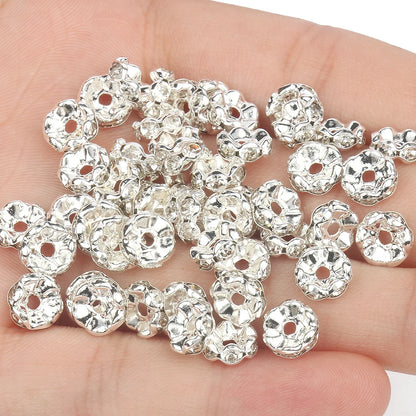 50PCS Rhinestone Spacer Beads Set – Multi-Color Crystal Rondelle Metal Beads for DIY Jewelry & Bracelet Making