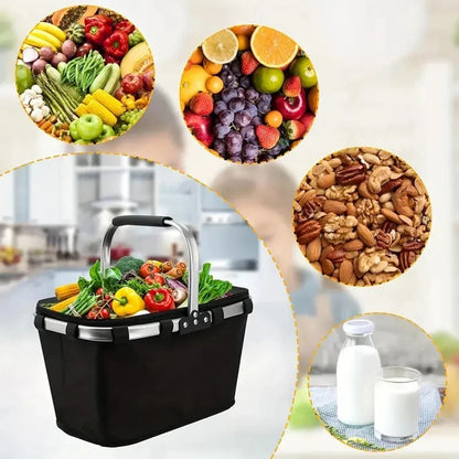 Folding Insulated Meal & Shopping Basket — Portable Handheld Cooler Bag for Outdoor Lunch, Ice Pack, and Food Delivery