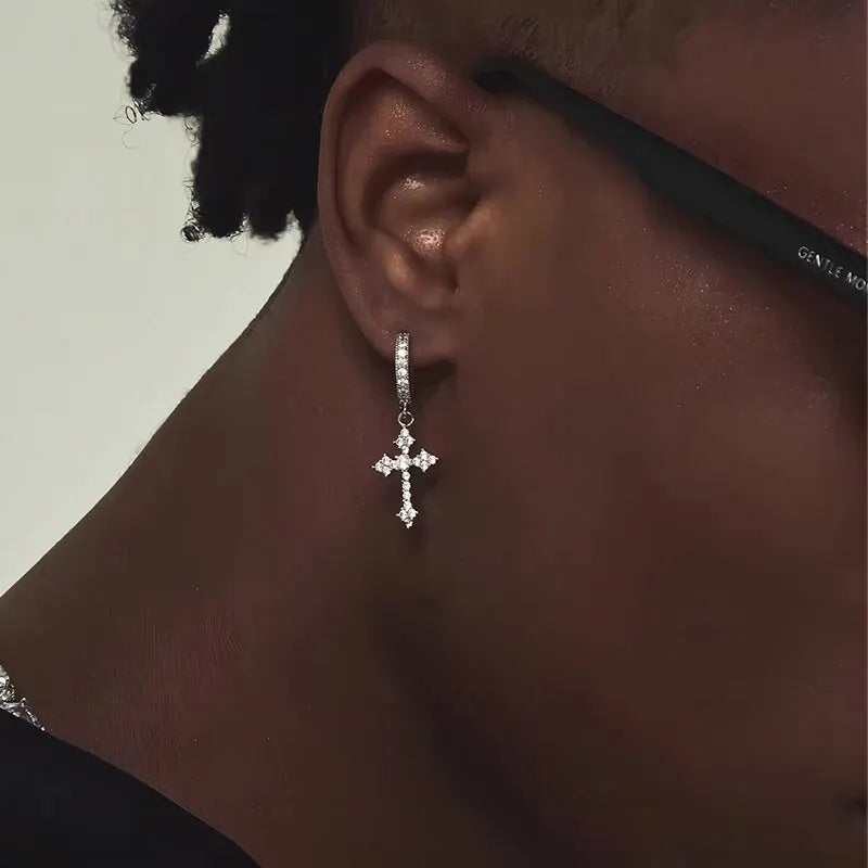 Classic Cross Crystal Earrings - Replaceable White Point-Drill Hip-Hop Party Jewelry for Women & Men