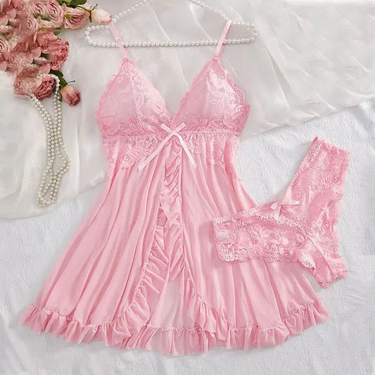 Women’s Lingerie Set — Plus Size Lace Nightgown, Thong & Suspender Sexy Sleepwear