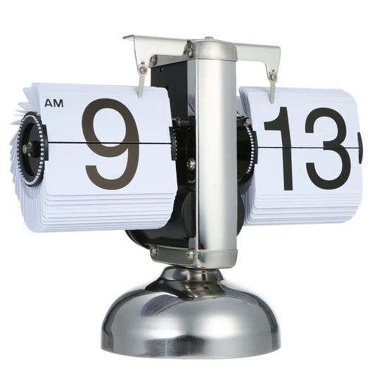 Small Retro Flip Clock – Stainless Steel Gear-Operated Table Clock, Black/White Quartz Design
