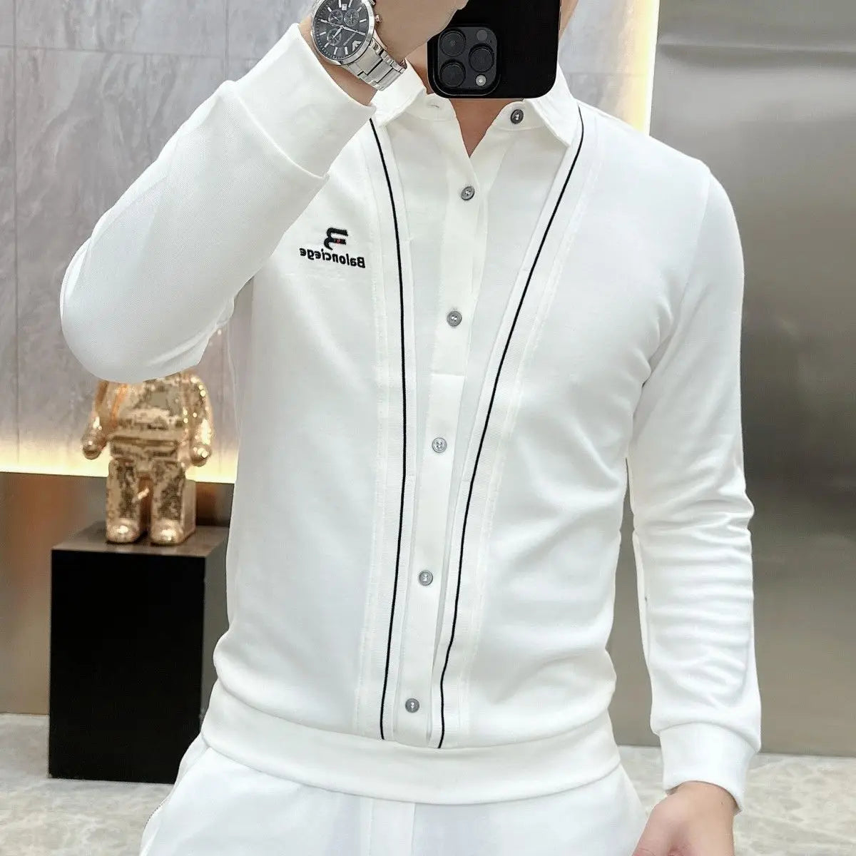 Men’s Business Casual Long Sleeve T-Shirt — Spring & Autumn Streetwear, Fake Two-Piece Fashion Top for Office & Social Wear