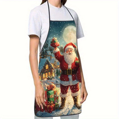 Christmas Apron – Santa Claus Snow Village Design with Moon, Festive Baking Apron for Holiday Cooking