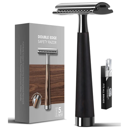 Double Edge Safety Razor – Faux Wood Zinc Alloy Handle with 5 Swiss Stainless Steel Blades, Heavy Duty Eco-Friendly Shaver
