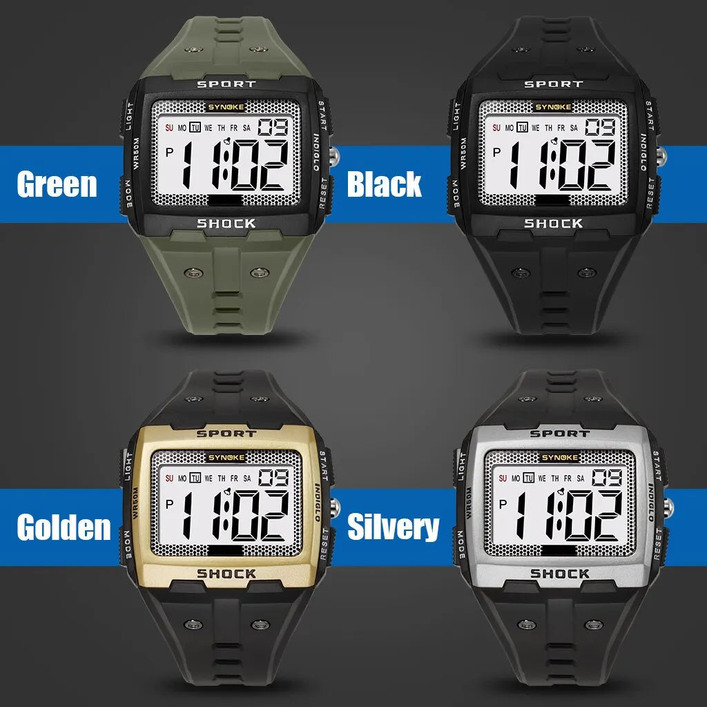 SYNOKE Men’s Sports Electronic Watch – Waterproof Night Glow Large Screen Square Outdoor Running & Camping Watch