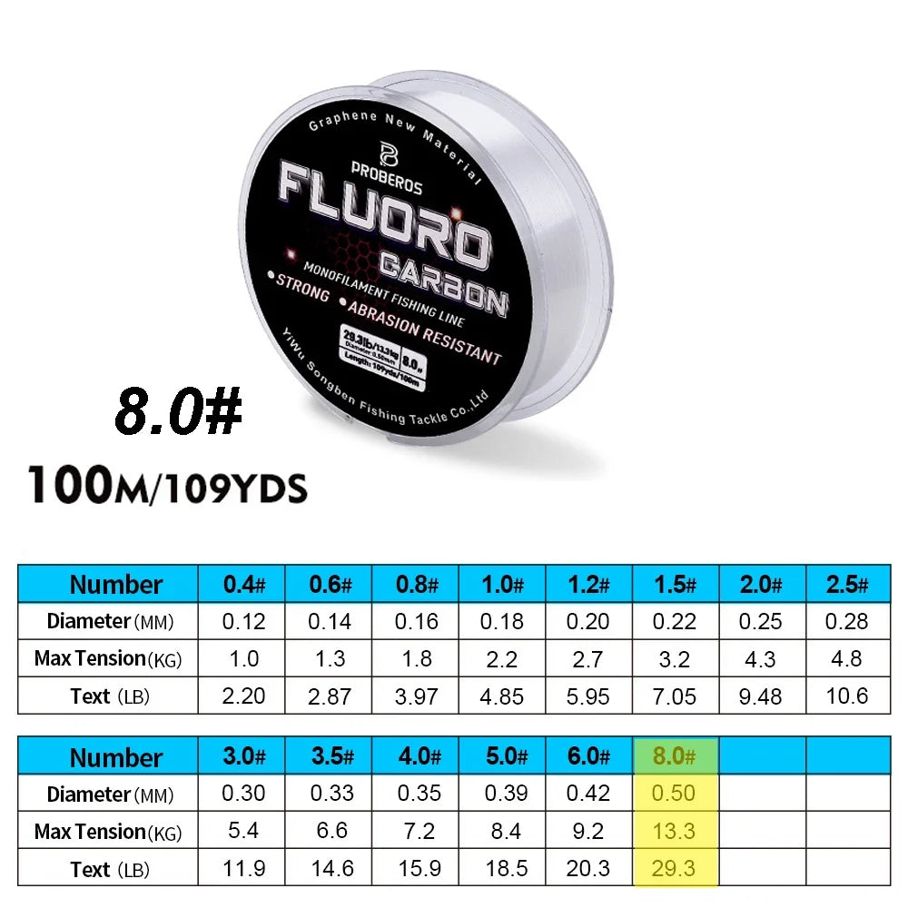 PROBEROS 100M Fluorocarbon Fishing Line - Carbon Fiber Monofilament Leader Line for Carp & Sinking Fishing Tackle