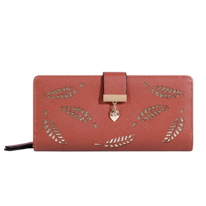 Women’s Long PU Leather Wallet – Gold Hollow Leaf Design Clutch Purse with Coin Pocket & Card Holders