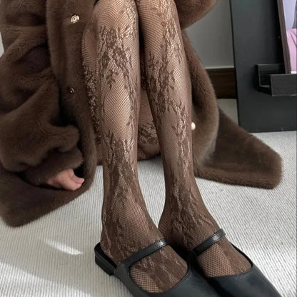Women's Floral Lace Mesh Pantyhose - Harajuku Hollow Out Tights with Rattan Pattern Fashion Hosiery