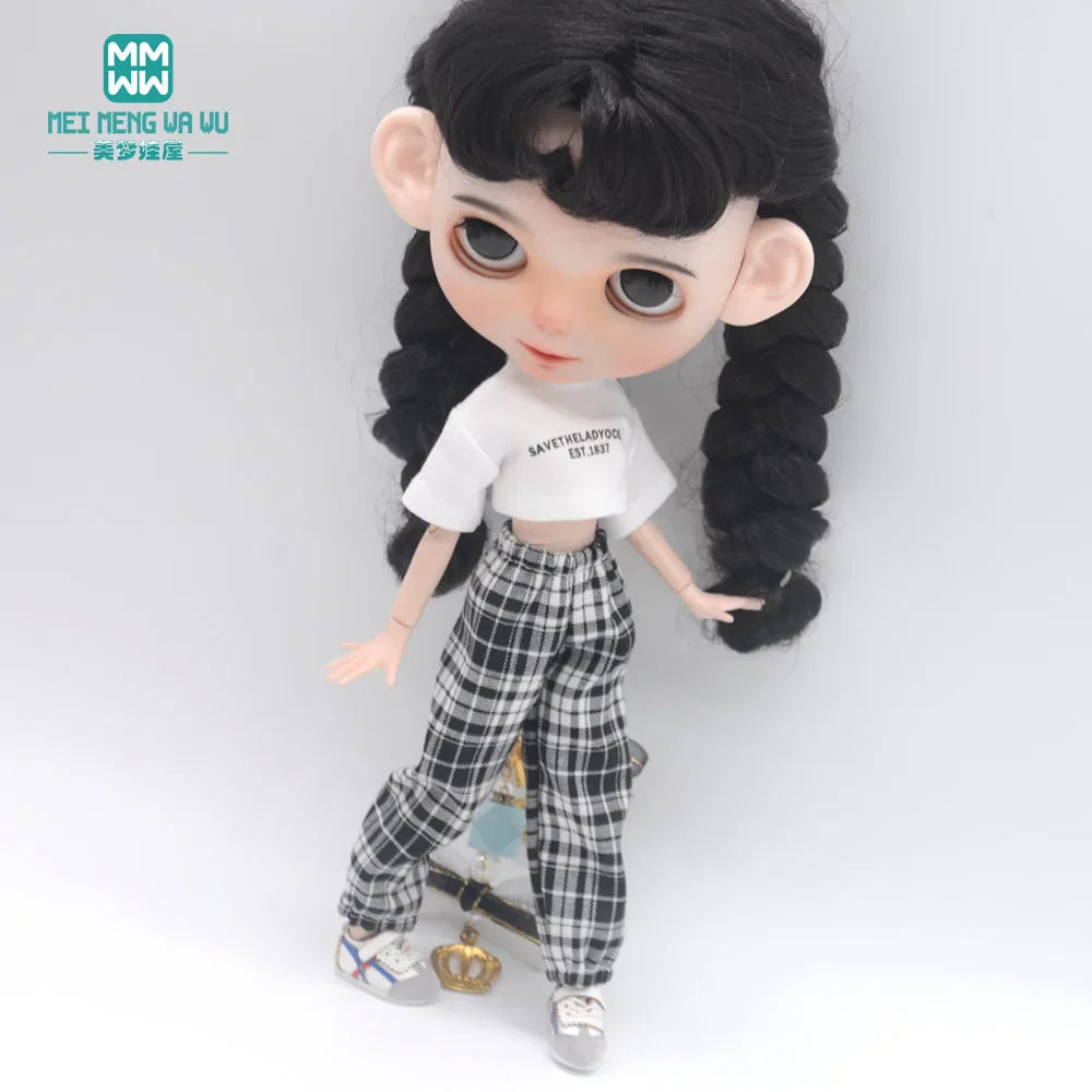 Blythe Doll Clothes – Fashion Tops, Black & White Shirts with Jeans & Plaid Pants for Azone OB22/OB24 Dolls