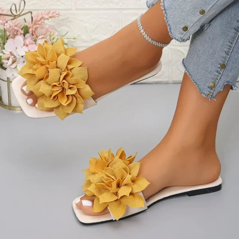 Women's Floral Flat Slippers - Solid Color Open-Toe Summer Beach Slides
