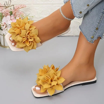 Women's Floral Flat Slippers - Solid Color Open-Toe Summer Beach Slides