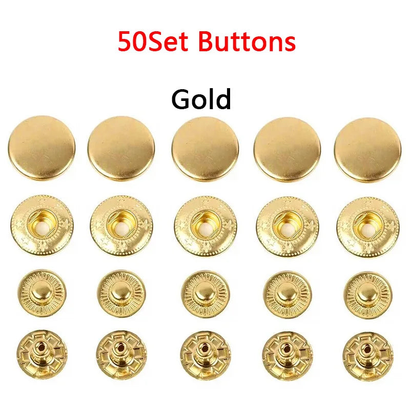 50 Sets Leather Snap Fasteners Kit – 10mm/12mm/15mm Metal Press Studs with 4 Tools for DIY Clothes & Crafts