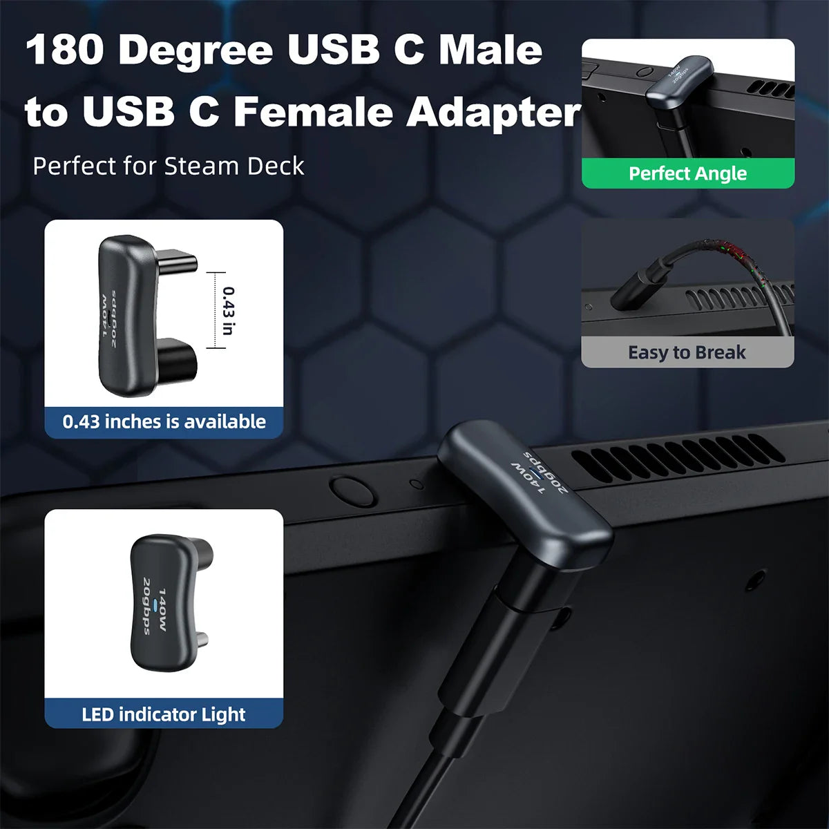 180° Angle USB-C Adapter – 20Gbps PD 140W Charging U-Shape Converter for Steam Deck Accessories