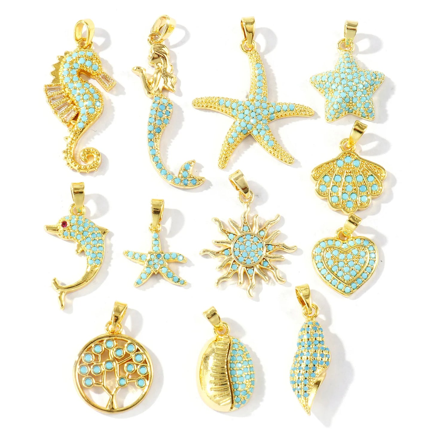 Blue Cubic Zirconia Ocean Charm Pendant Set – 18K Gold Plated Starfish, Mermaid & Conch DIY Necklace Jewelry