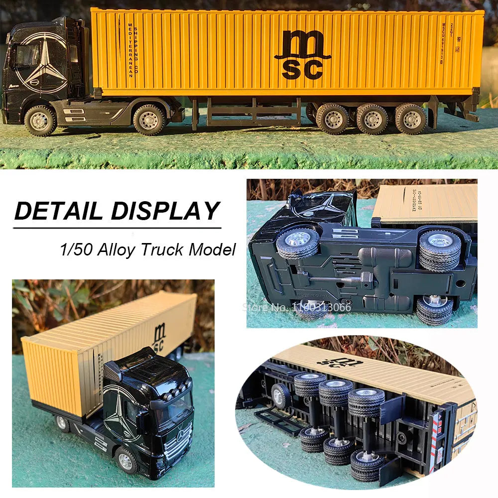 1:50 Large Diecast Alloy Truck Model – Pull-Back Sound & Light Container Transport Vehicle Toy for Boys’ Gifts