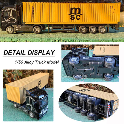 1:50 Large Diecast Alloy Truck Model – Pull-Back Sound & Light Container Transport Vehicle Toy for Boys’ Gifts