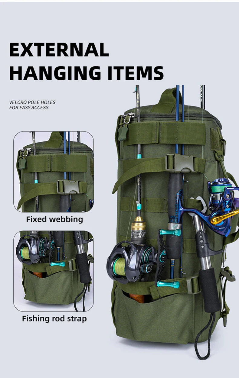 Tactical Fishing Backpack – Multifunctional Tackle Bag with Rod Holders, Molle Storage for Fishing, Camping & Hiking